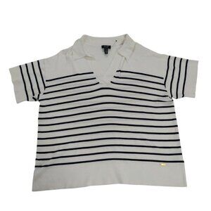 Jones New York Womens 1X Signature White & Navy Striped V-Neck Short Sleeve.